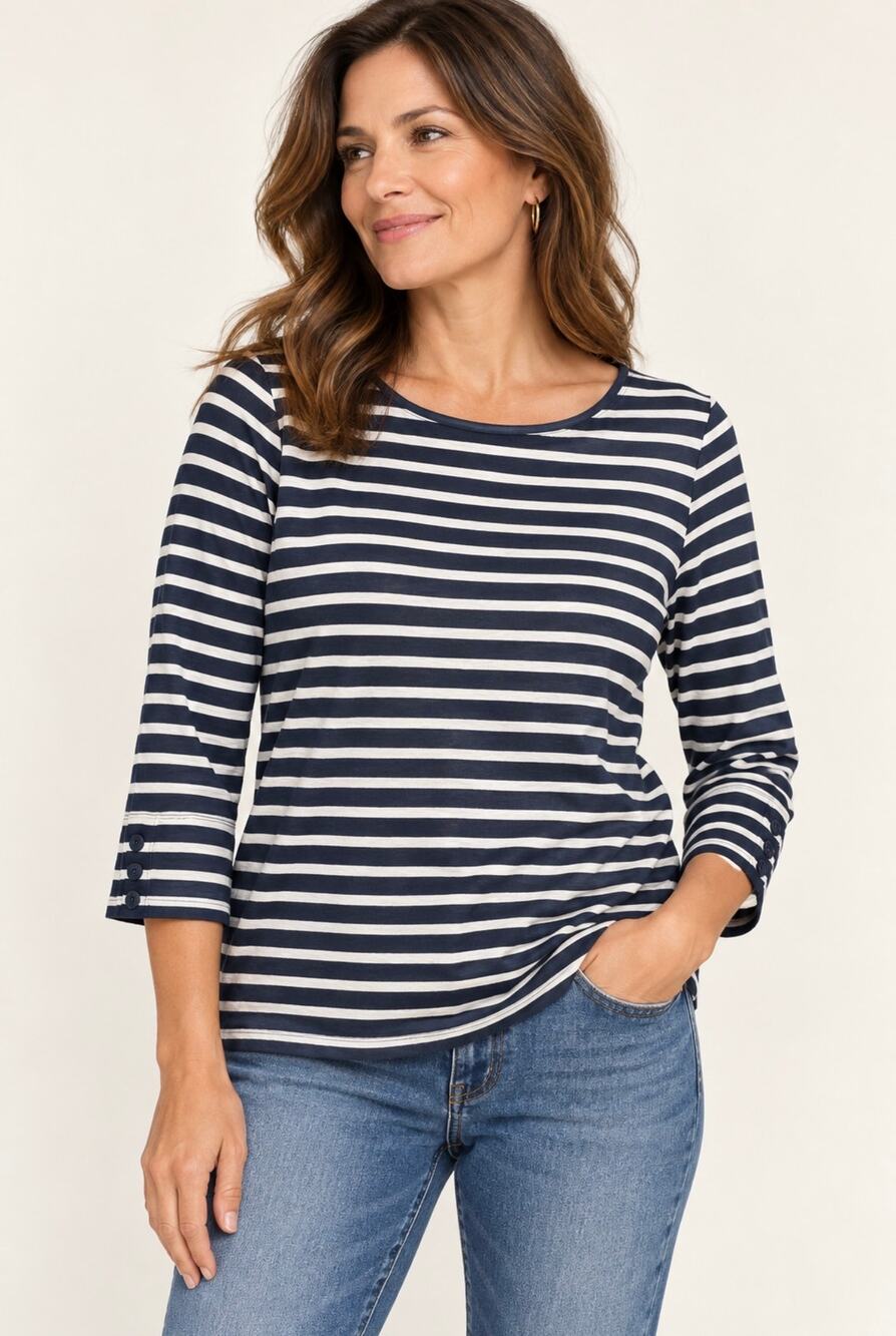 Chicos Striped Blue White 3/4 Sleeves Lightweight Boatneck Tee Tunic Size 2/Lrg